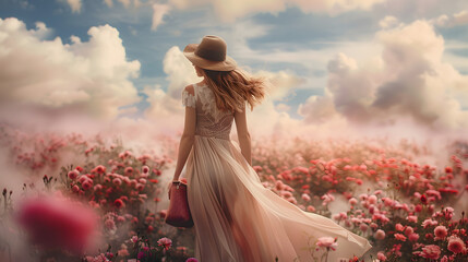 Young lady woman in romantic dress, hat with bag in retro style walking along summer rose field path to heven - Powered by Adobe