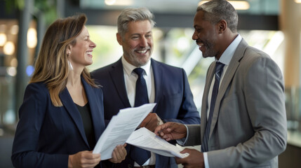 corporate professionals are engaged in a friendly discussion with documents in hand, smiling and conversing in an office setting.