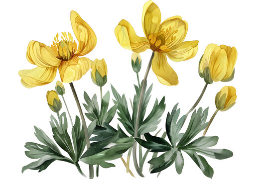 Winter Aconite watercolor Flower isolated on transparent background. PNG file