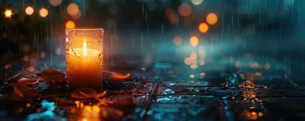 Candle with flame in the rain at night - obrazy, fototapety, plakaty