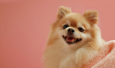 Happy Pomeranian dog wrapped in soft towel on pink background. Copy space