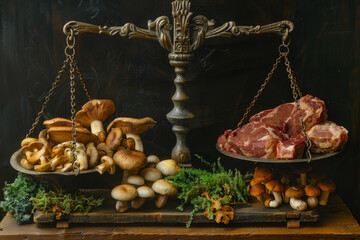 Rustic Balance of Fresh Mushrooms and Raw Meat on Vintage Scales