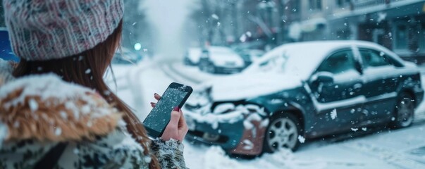 Woman with smartphone during snow storm car crash