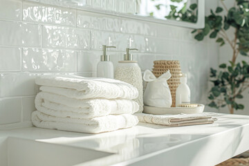 Fototapeta na wymiar Serene Bathroom Setting with White Towels and Natural Accents