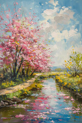 Blooming Cherry Blossoms by the Serene River Landscape Painting