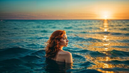 Fototapeta na wymiar pensive woman in the sea 