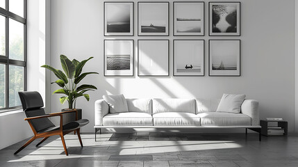 A minimalist gallery wall adorned with black-and-white photographs, capturing cherished memories and moments of serenity. - obrazy, fototapety, plakaty