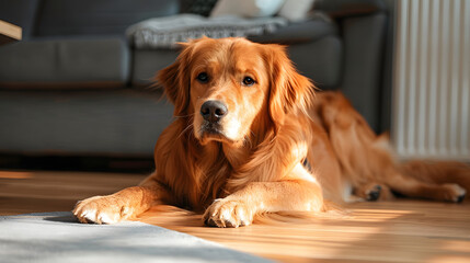Relaxed cute Golden retriever dog is indoors in the domestic room lying down on the floor