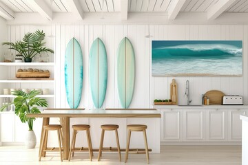 A kitchen room decorated with three surfboards hung vertically on a white horizontal ship lack wall. - obrazy, fototapety, plakaty