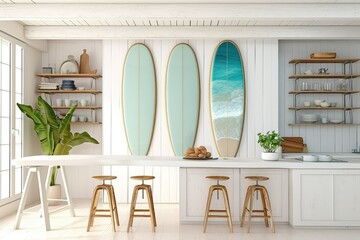 A kitchen room decorated with three surfboards hung vertically on a white horizontal ship lack wall.