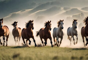 herd of horses on sunset - obrazy, fototapety, plakaty