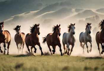 Fotobehang herd of horses on sunset © Khani