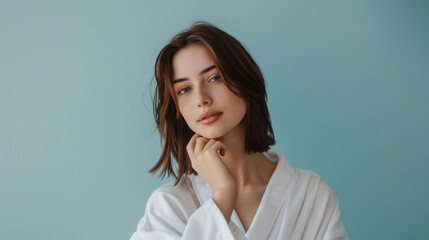 Fototapeta premium confident young woman with a subtle smile, posing with her hand on her chin against a blue background.