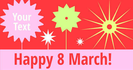 Isolated flat vector set of women's hairstyles and portraits on pink background. Pink and blue flowers.. Postcards for March 8. Trendy design set.