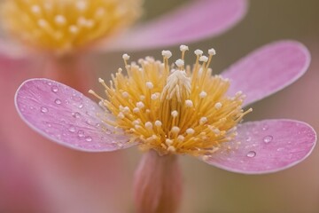 close-up of pink flower with yellow center and dew drops
