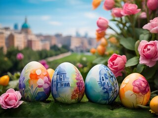 Fototapeta premium For Easter, colored eggs with a drawing on the background of the city