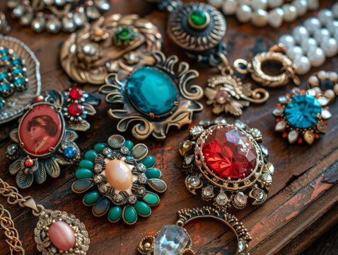 Vintage Jewelry Collection on Rustic Wooden Background