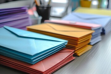 close up shot of a pile multicolored envelope