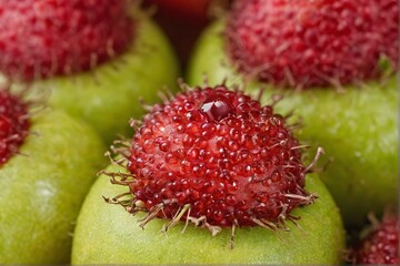 close-up of red hairy fruits on green background
