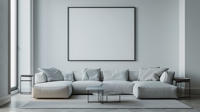 chic minimalist interior design with large sofa and a blank picture frame