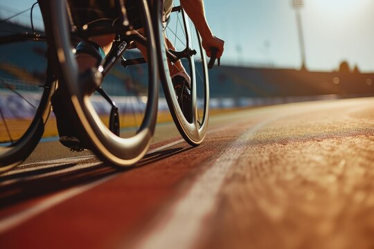 Close-up of a hand cyclist racing on a track.