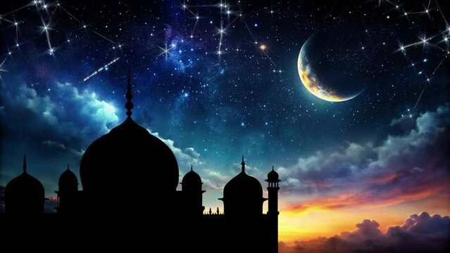 Lailatul Qadar night with the silhouette of the mosque and the crescent moon and a sky full of stars