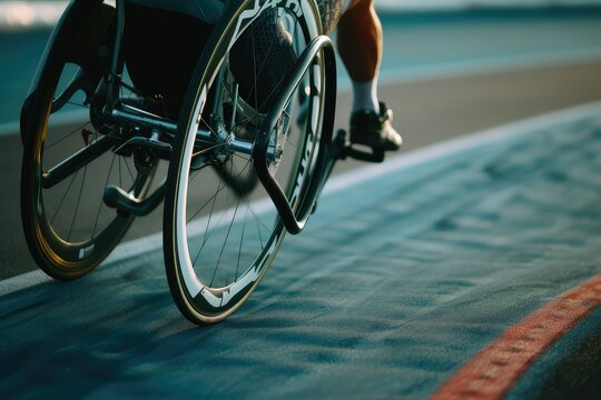 Close-up of a hand cyclist racing on a track.