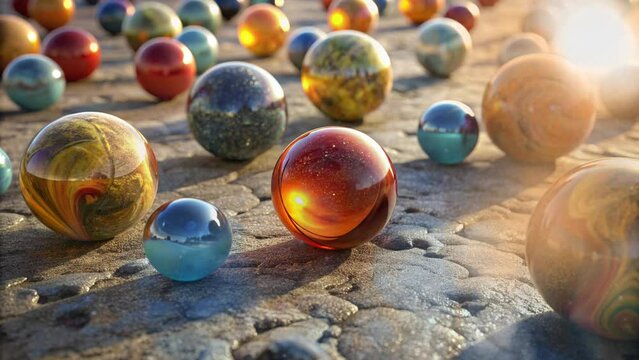 a collection of marbles on the ground with various colored marbles