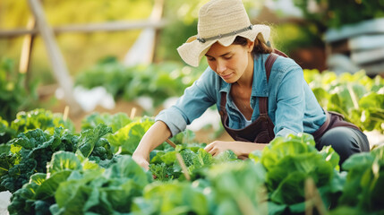 Cute female gardener in a hat grows green salad and vegetables. Organic vegetable garden against sun-drenched foliage, subsistence farming
