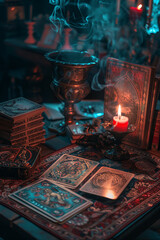Obraz premium Astrology. Astrologer calculates natal chart and makes a forecast of fate.Tarot cards, Fortune telling on tarot cards magic crystal, occultism, Esoteric background. Fortune telling,tarot predictions.