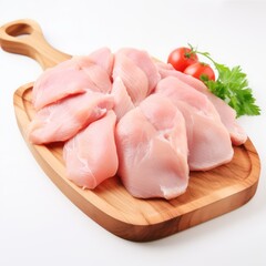 Raw chicken fresh meet portions on cutting board, uncooked food ingredient.