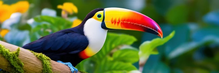 Poster Beautiful toucan in the jungle. Tropical outdoor background. © Sunny_nsk