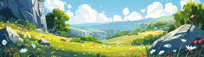 Foto op Plexiglas A summer valley with flowers and trees. Panoramic drawing © NeuroSky