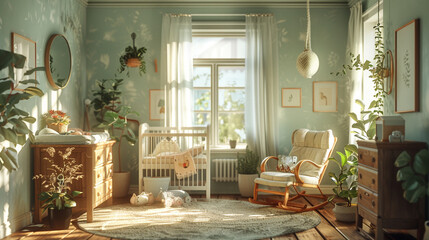 A nursery with a crib, a rocking chair, a dresser, and a mobile.