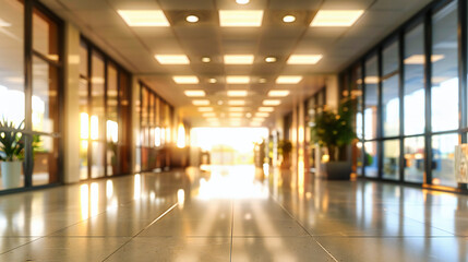 Fototapeta premium Modern business corridor with clean lines and bright lighting, reflecting the efficiency and professionalism of a contemporary office or hospital interior