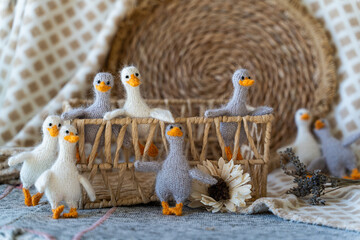 group of knitted gray and white geese toys with yarn and knitting accessories