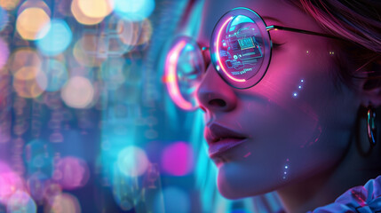 Female Portrait with Holographic Computer Circuitry Glasses