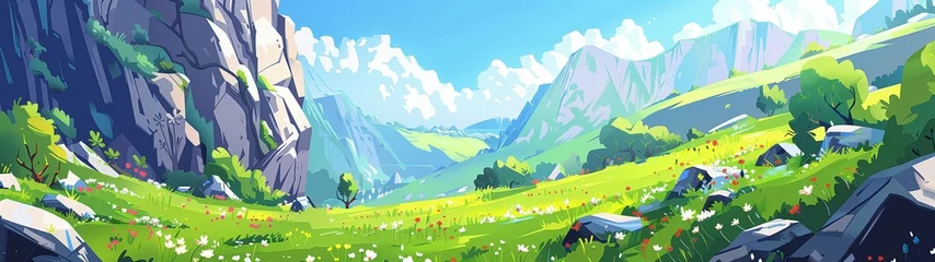 Fototapeten A summer valley with flowers and trees. Panoramic drawing © NeuroSky