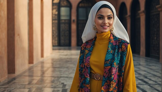 modern colorful stylish outfit photoshoot of a woman in dynamic shot happy and positive for modest trendy women fashion as wide banner with copysapce area