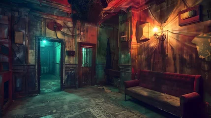 Fotobehang Abandoned interior space transformed into a terrifying escape room, featuring eerie lighting, ominous decor, and hidden clues © Martyna