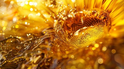 macro shot of a sunflower in oily golden liquid