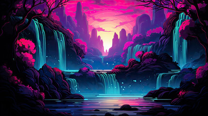 neon waterfall cascade vector style illustration
