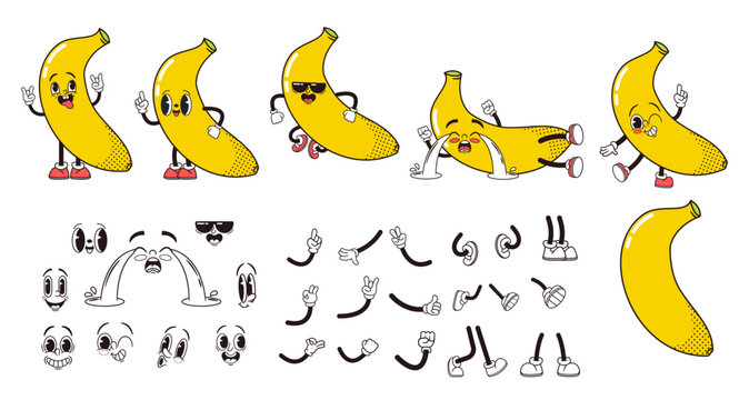 Cartoon Ripe Banana Tropical Fruit Character Body Parts, Hands, Legs And Faces Construction Kit. Isolated Vector Set