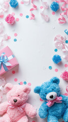 pink and blue toy bears with gift box and gift bow, confetti. invitation card for gender reveal party or baby shower. it's a boy, it's a girl party. Copy space for text.