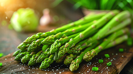 Bunch of fresh asparagus on wooden table - obrazy, fototapety, plakaty