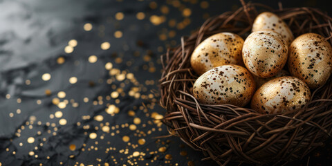 Naklejka na ściany i meble Elegant Easter banner with golden colored eggs in a wicker basket on a dark background. 