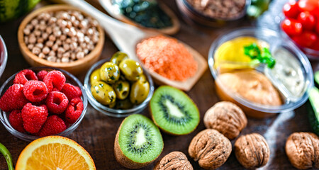 Food products representing the vegan diet. Veganism
