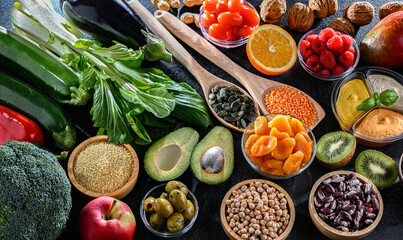 Food products representing the vegan diet. Veganism