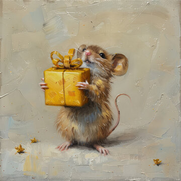 Illustration of a little mouse holding out a yellow wrapped gift