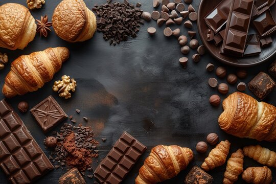 Croissants And Pastries On Black Chalkboard Background, Fresh Delicious Croissant And Chocolate On Dark Background From Above, Copy Space